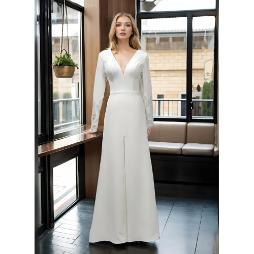 Fitted and Flare Crepe Long Sleeves  Wedding Dress - CB-F6001-A