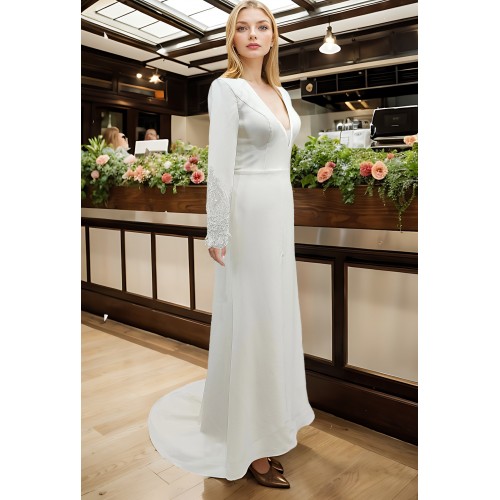 Fitted and Flare Crepe Long Sleeves  Wedding Dress - CB-F6001-A