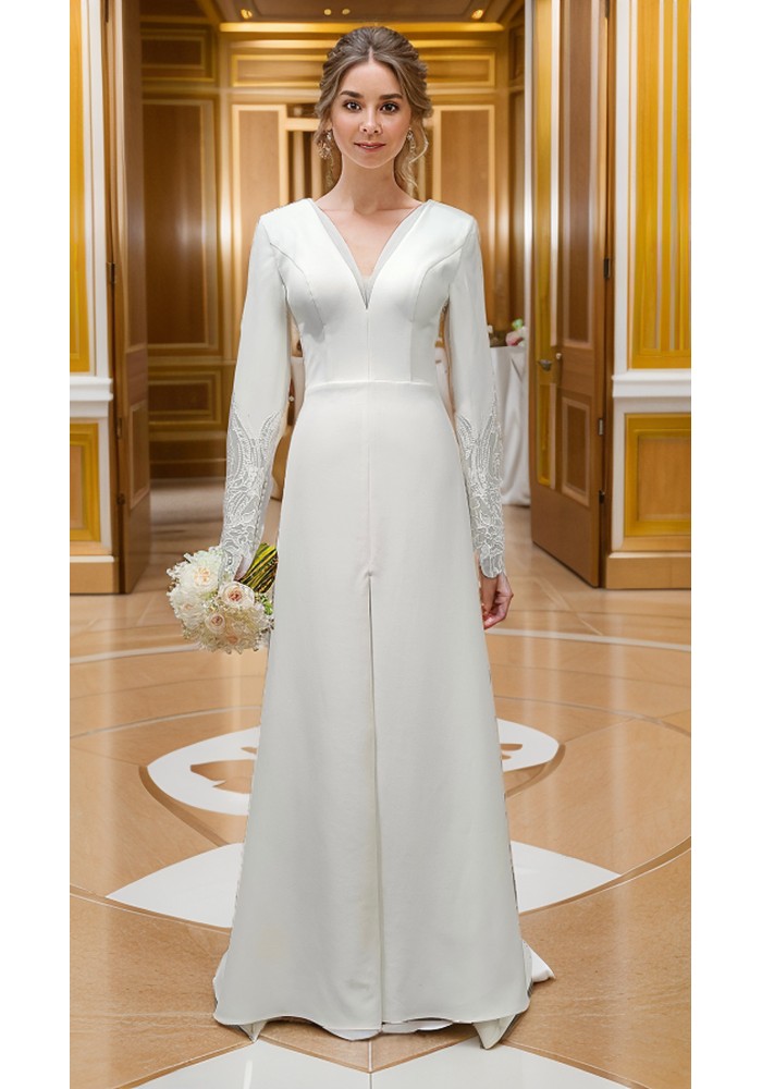 Fitted and Flare Crepe Long Sleeves  Wedding Dress - CB-F6001-A