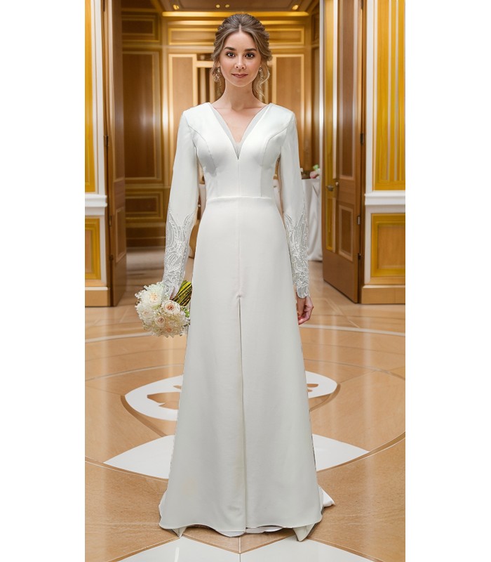 Fitted and Flare Crepe Long Sleeves  Wedding Dress - CB-F6001-A