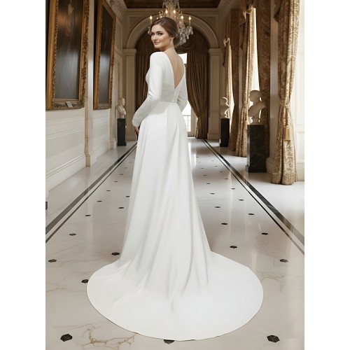 Fitted and Flare Crepe Long Sleeves  Wedding Dress - CB-F6001-A