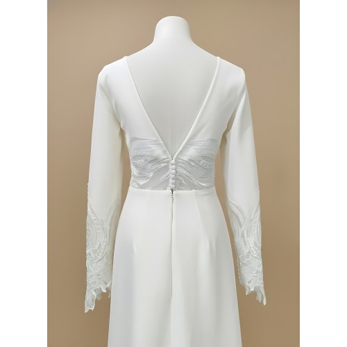 Fitted and Flare Crepe Long Sleeves  Wedding Dress - CB-F6001-A