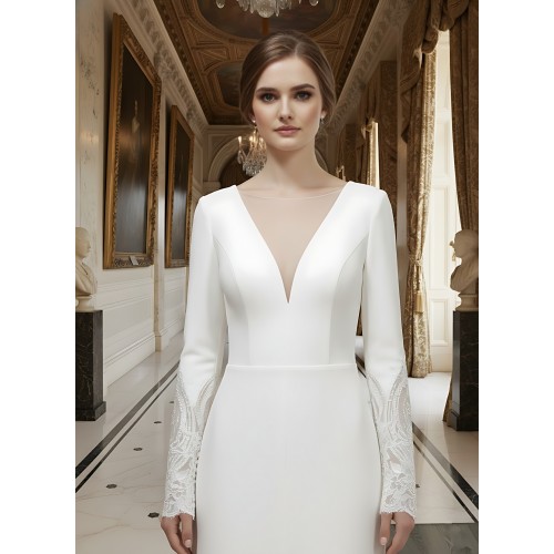 Fitted and Flare Crepe Long Sleeves  Wedding Dress - CB-F6001-A