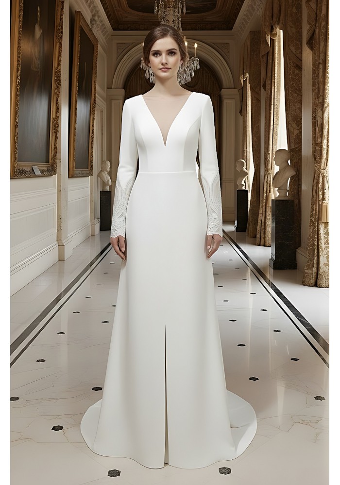 Fitted and Flare Crepe Long Sleeves  Wedding Dress - CB-F6001-A