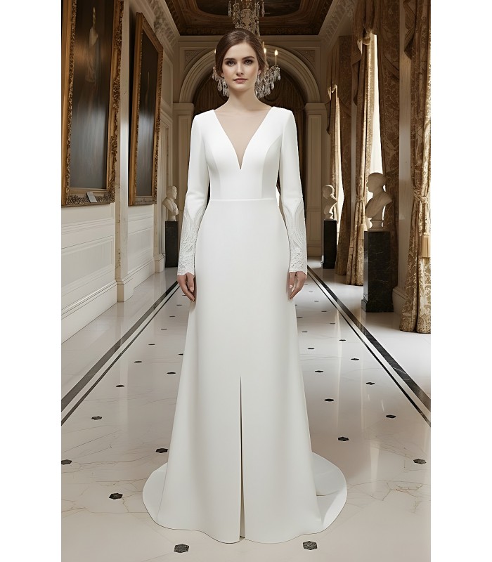 Fitted and Flare Crepe Long Sleeves  Wedding Dress - CB-F6001-A