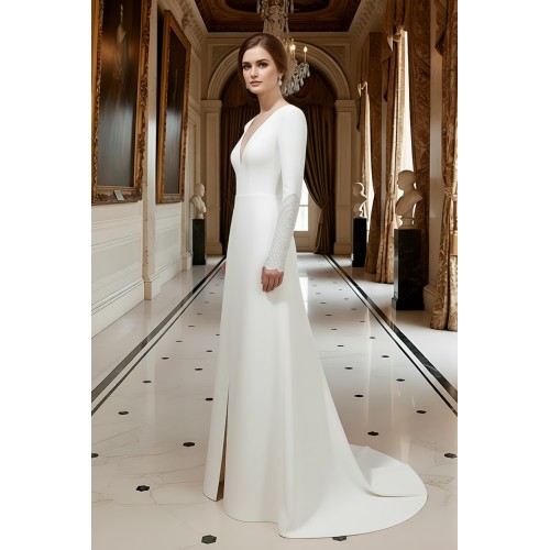 Fitted and Flare Crepe Long Sleeves  Wedding Dress - CB-F6001-A
