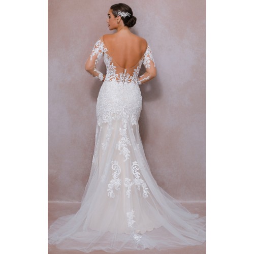 Fitted N Flare - Plunge V Sequined Floral Lace Appliqued Tulle with Off-Shoulder Lacy Sleeves wedding Dress - LV-100B85S