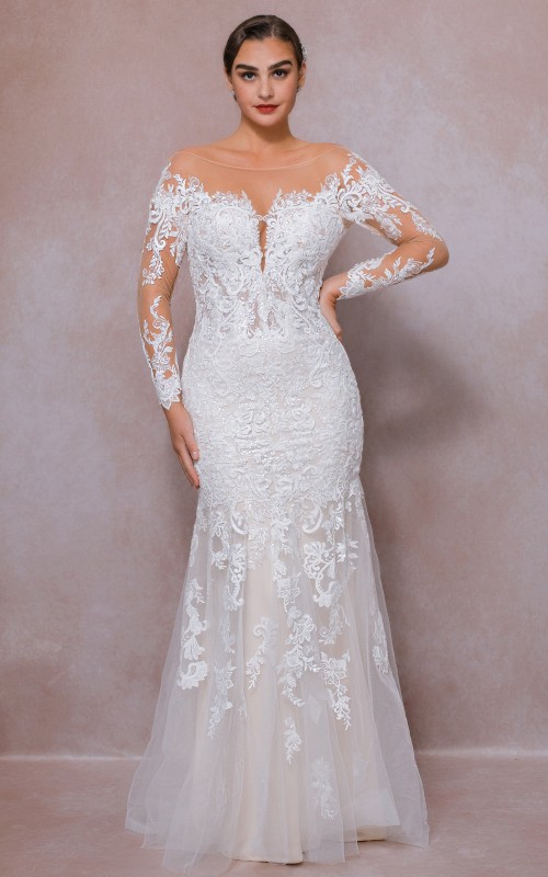 Fitted N Flare - Plunge V Sequined Floral Lace Appliqued Tulle with Off-Shoulder Lacy Sleeves wedding Dress - LV-100B85S