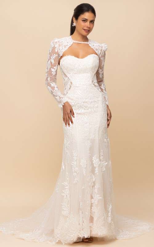 Fitted N Flare - Sequined Floral Lace Appliqued Tulle Cut-Out Waistline with Detachable Bolero Wedding Dress LV-100C01S