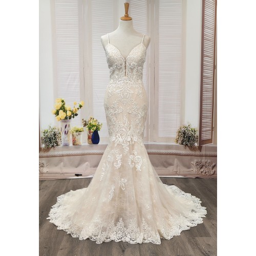 Mermaid -Plunge V Heavy Beaded Floral Lace Tulle with Beaded Spaghetti Straps Wedding Dress- LV-1782OL