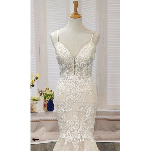 Mermaid -Plunge V Heavy Beaded Floral Lace Tulle with Beaded Spaghetti Straps Wedding Dress- LV-1782OL