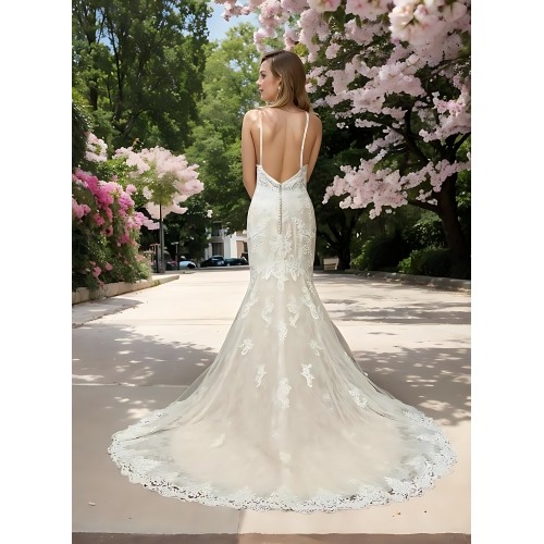 Mermaid -Plunge V Heavy Beaded Floral Lace Tulle with Beaded Spaghetti Straps Wedding Dress- LV-1782OL