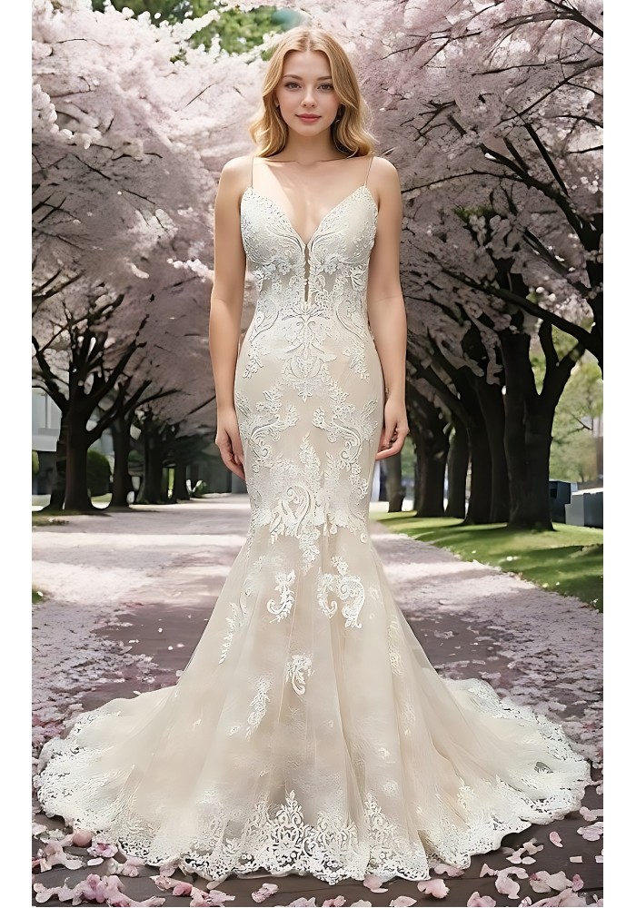 Mermaid -Plunge V Heavy Beaded Floral Lace Tulle with Beaded Spaghetti Straps Wedding Dress- LV-1782OL