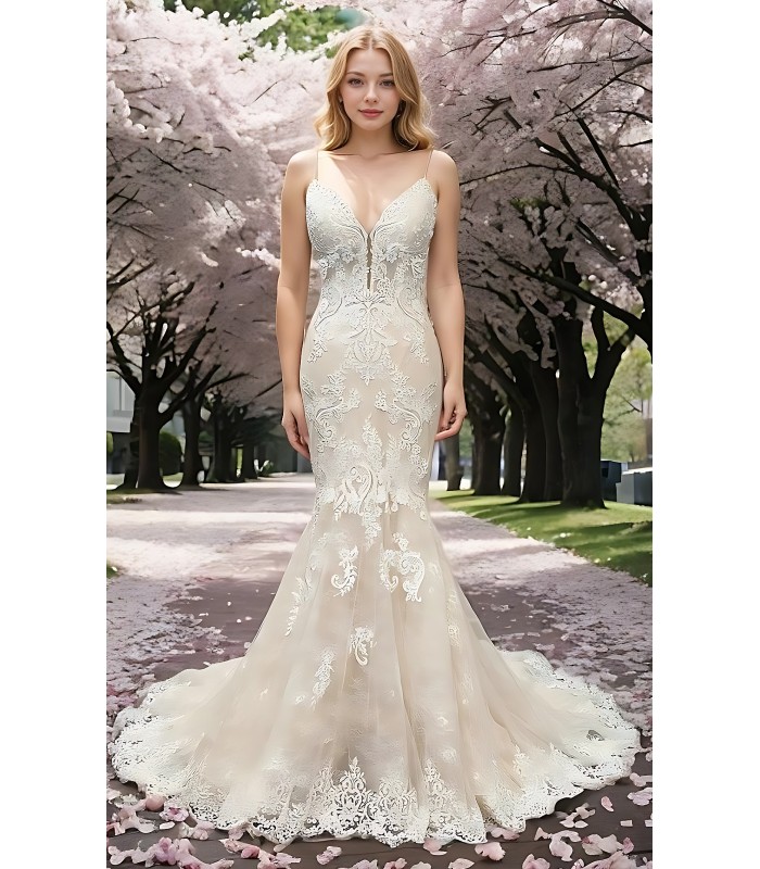 Mermaid -Plunge V Heavy Beaded Floral Lace Tulle with Beaded Spaghetti Straps Wedding Dress- LV-1782OL