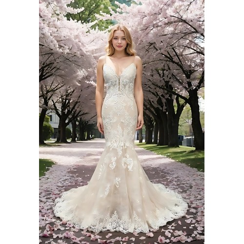 Mermaid -Plunge V Heavy Beaded Floral Lace Tulle with Beaded Spaghetti Straps Wedding Dress- LV-1782OL