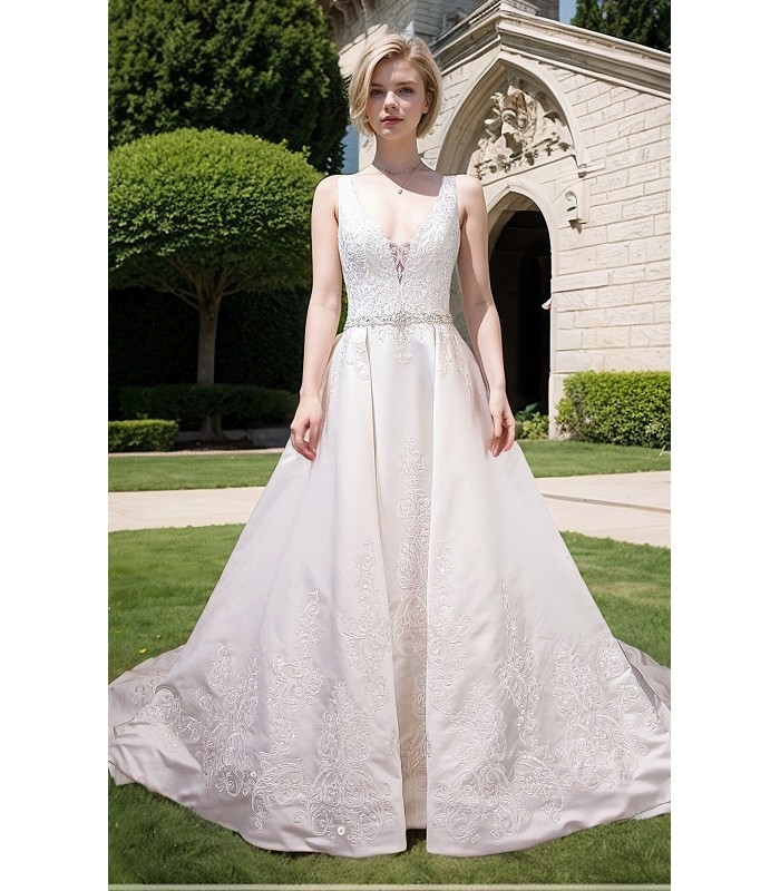 Ball Gown -Sequined Lace Placement with Rhinestone Belt wedding Dress LV-1814OL