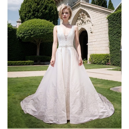 Ball Gown -Sequined Lace Placement with Rhinestone Belt wedding Dress LV-1814OL