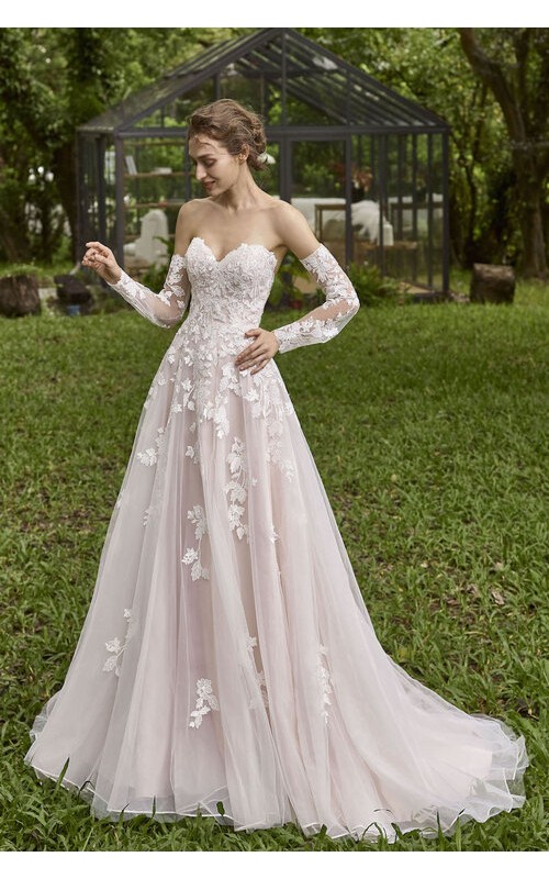 A-line Sweetheart Sequined Floral Lace Appliqued Tulle with Detachable Long Sleeves Wedding Dress - LV-1849OL