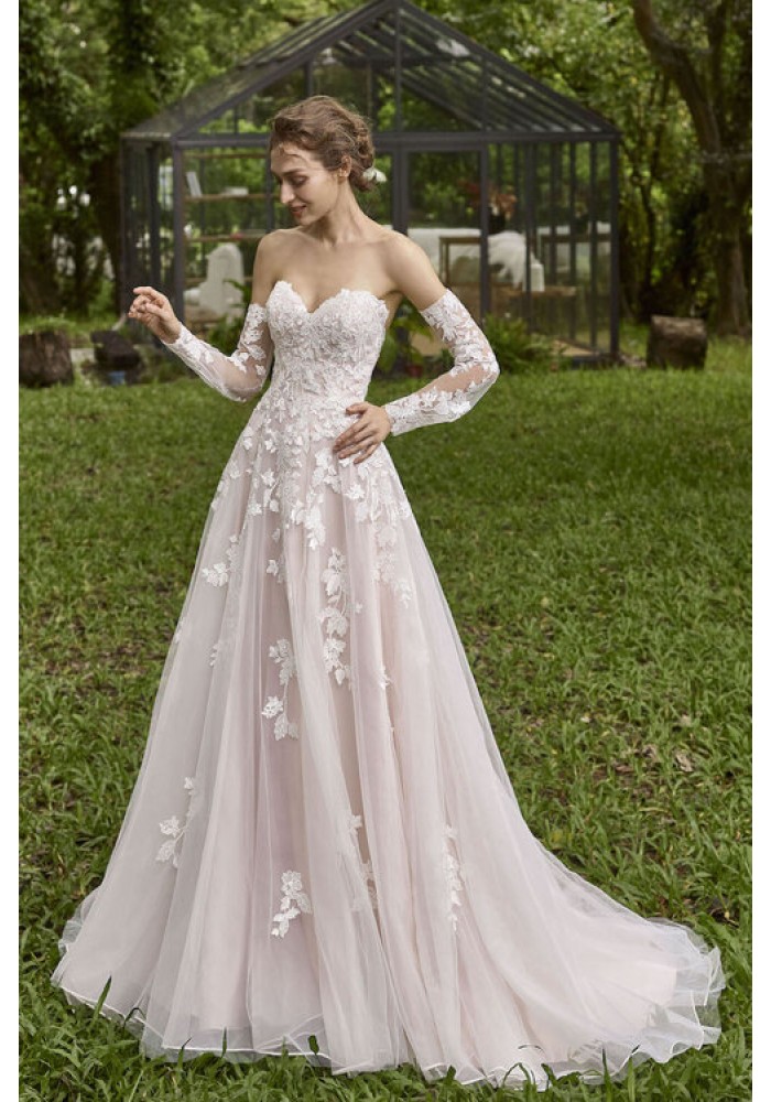 A-line Sweetheart Sequined Floral Lace Appliqued Tulle with Detachable Long Sleeves Wedding Dress - LV-1849OL