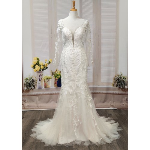Fitted & Flare - Plunge V Sequined Lace Appliqued Tulle with Sheer Lacy Long Sleeves Wedding Dress - LV-1851OL