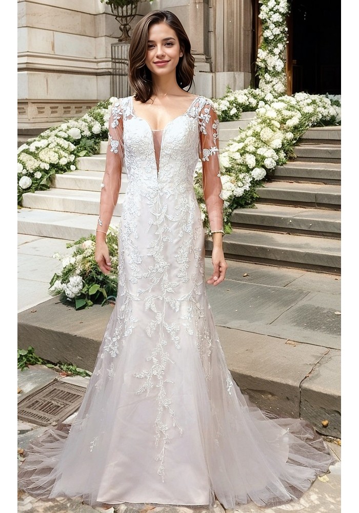 Fitted & Flare - Plunge V Sequined Lace Appliqued Tulle with Sheer Lacy Long Sleeves Wedding Dress - LV-1851OL