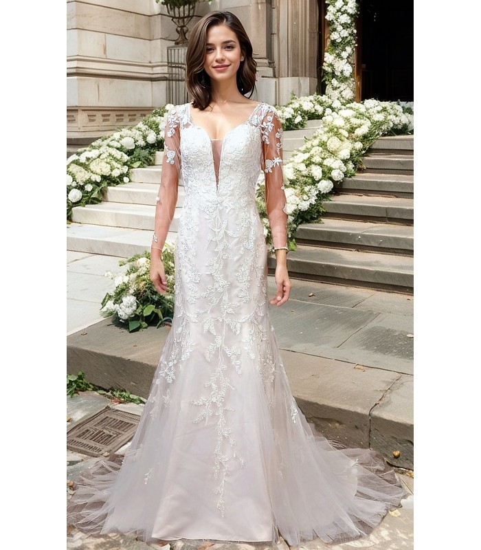 Fitted & Flare - Plunge V Sequined Lace Appliqued Tulle with Sheer Lacy Long Sleeves Wedding Dress - LV-1851OL