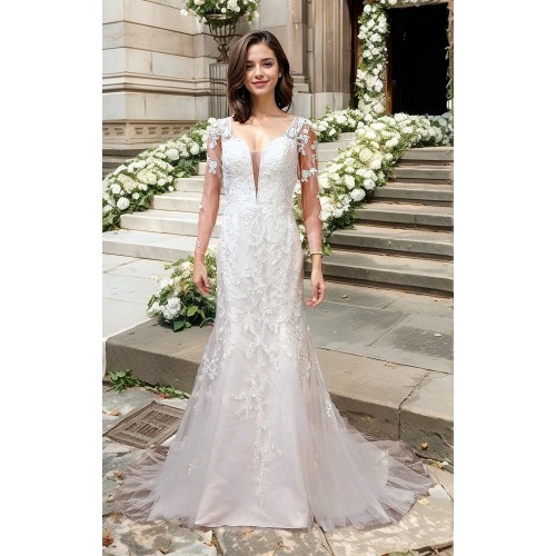 Fitted & Flare - Plunge V Sequined Lace Appliqued Tulle with Sheer Lacy Long Sleeves Wedding Dress - LV-1851OL