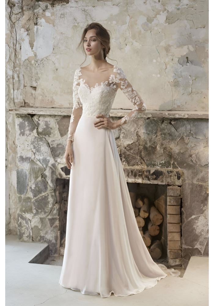 A-line Sweetheart Chiffon Wedding Dress with Sheer Lacy Tulle Long Sleeve - LV-2027OC