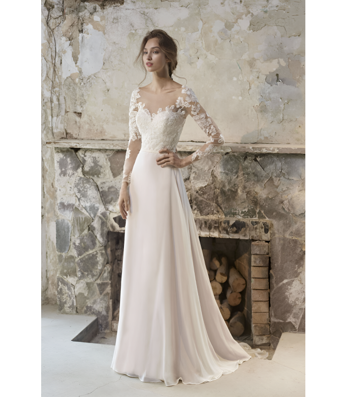 A-line Sweetheart Chiffon Wedding Dress with Sheer Lacy Tulle Long Sleeve - LV-2027OC