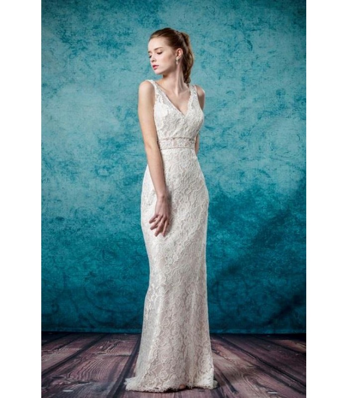 Sheath V shape Neckline Sleeveless Wedding Dress - LV-3214OM