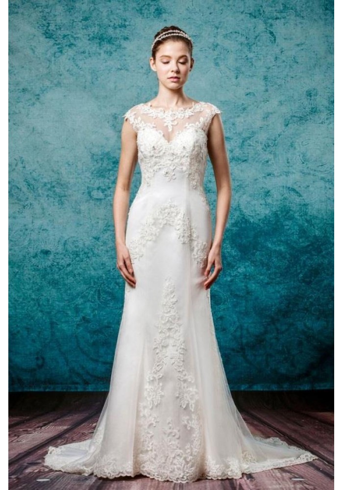 Sheath Jewel Neckline Cape Sleeve Wedding Dress - LV-3234OM