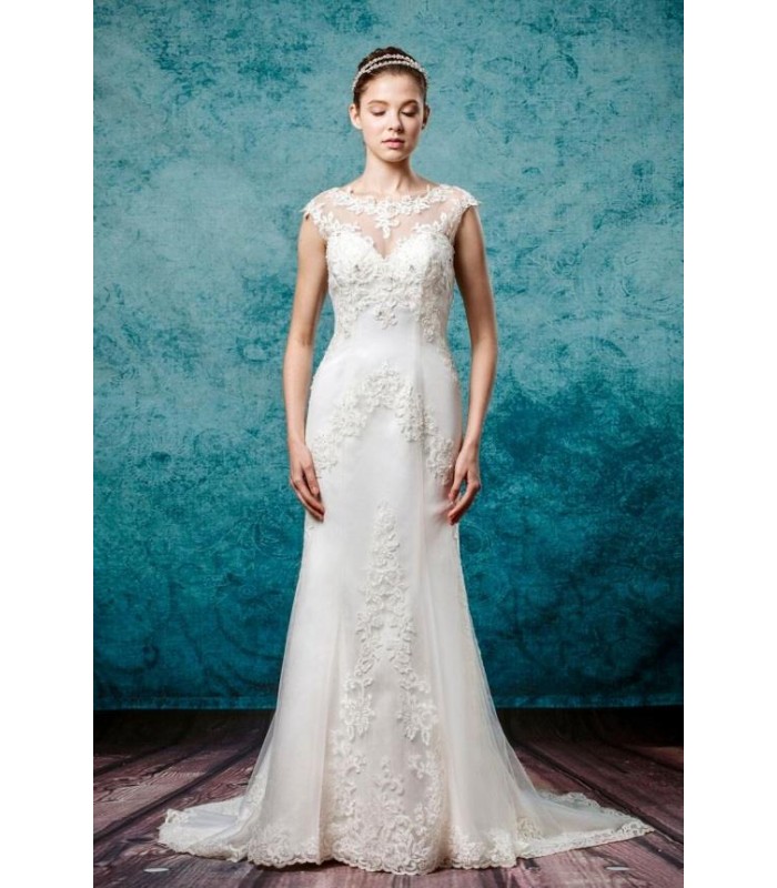 Sheath Jewel Neckline Cape Sleeve Wedding Dress - LV-3234OM