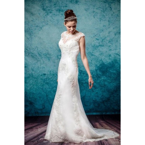 Sheath Jewel Neckline Cape Sleeve Wedding Dress - LV-3234OM