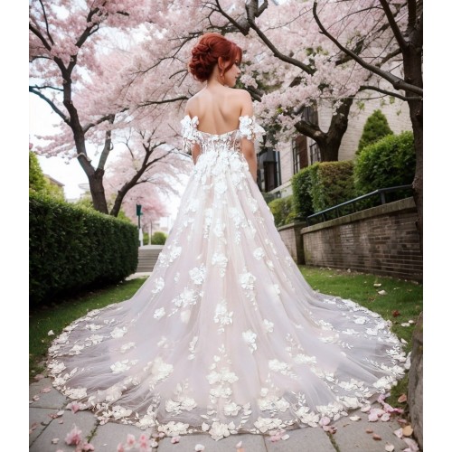 A-Line  3-D Flower Lace Wedding Dress with Bustier Bodice- LV-A1004DS