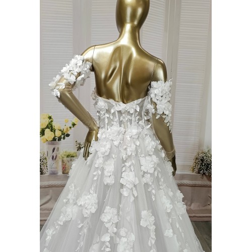 A-Line  3-D Flower Lace Wedding Dress with Bustier Bodice- LV-A1004DS