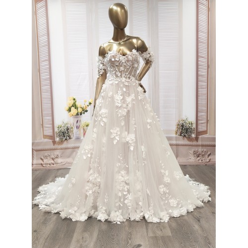 A-Line  3-D Flower Lace Wedding Dress with Bustier Bodice- LV-A1004DS