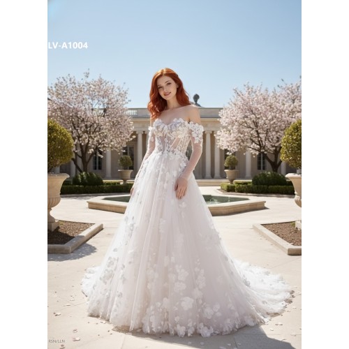 A-Line  3-D Flower Lace Wedding Dress with Bustier Bodice- LV-A1004DS