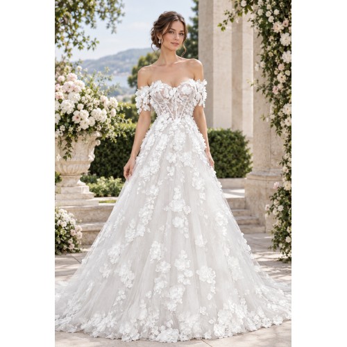 A-Line  3-D Flower Lace Wedding Dress with Bustier Bodice- LV-A1004DS