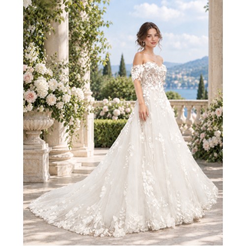 A-Line  3-D Flower Lace Wedding Dress with Bustier Bodice- LV-A1004DS