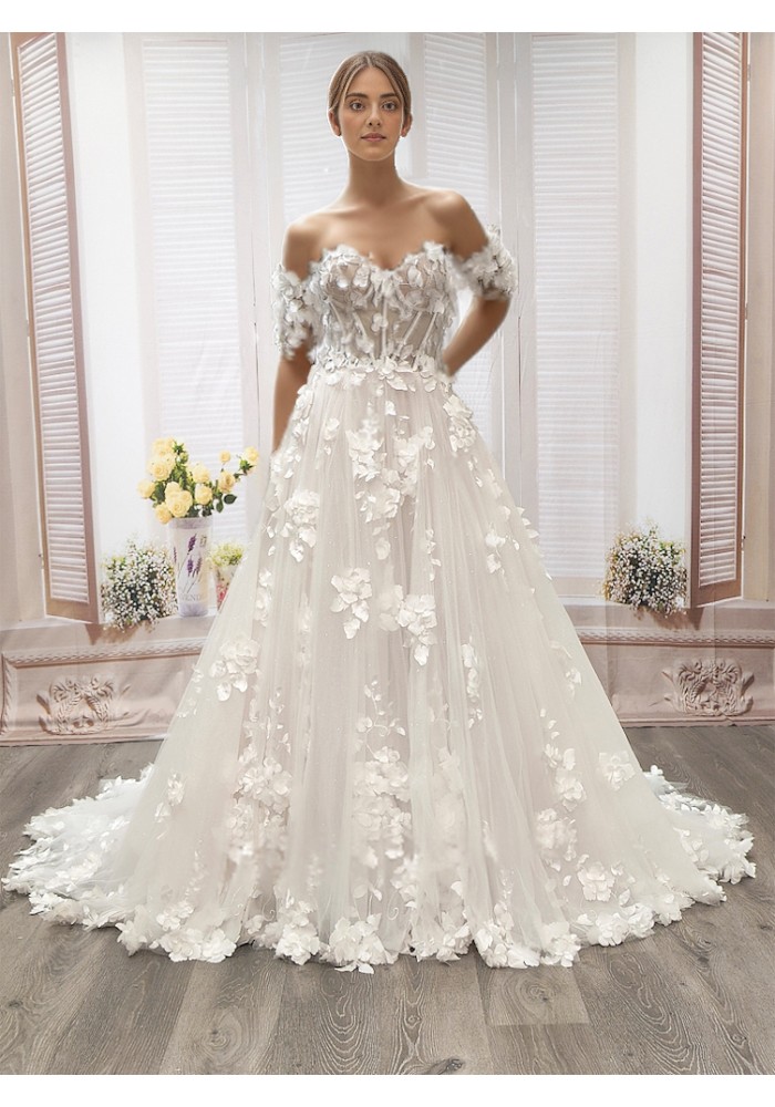 A-Line  3-D Flower Lace Wedding Dress with Bustier Bodice- LV-A1004DS