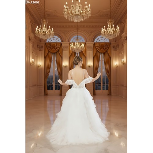 A-Line Sequined Floral Lace Appliqued Tulle Ruffle Tiered Skirt with Off-shoulder Straps Wedding Dress - LV-A2002