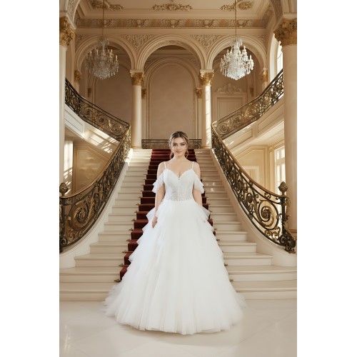 A-Line Sequined Floral Lace Appliqued Tulle Ruffle Tiered Skirt with Off-shoulder Straps Wedding Dress - LV-A2002