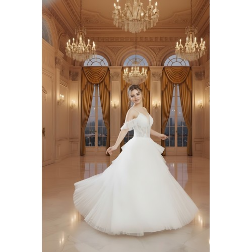 A-Line Sequined Floral Lace Appliqued Tulle Ruffle Tiered Skirt with Off-shoulder Straps Wedding Dress - LV-A2002