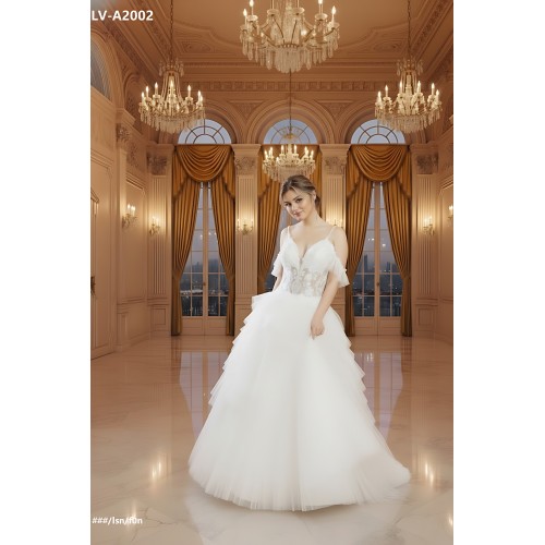 A-Line Sequined Floral Lace Appliqued Tulle Ruffle Tiered Skirt with Off-shoulder Straps Wedding Dress - LV-A2002