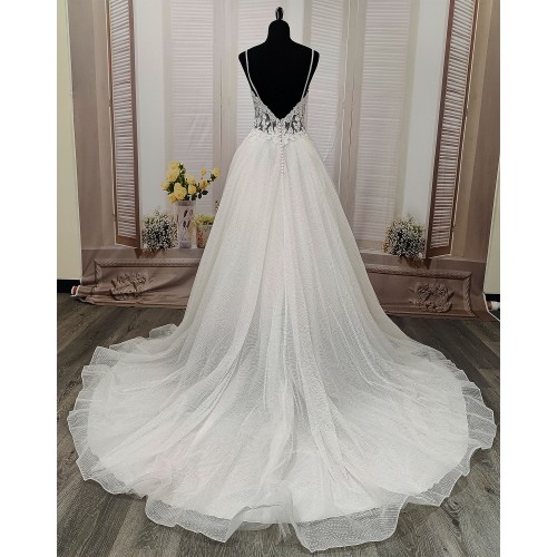 A-Line Chic Glitter Tulle  V-Neck Spaghetti Straps Wedding Dress - LV- A2003