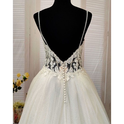 A-Line Chic Glitter Tulle  V-Neck Spaghetti Straps Wedding Dress - LV- A2003