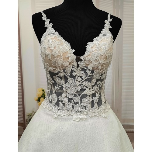 A-Line Chic Glitter Tulle  V-Neck Spaghetti Straps Wedding Dress - LV- A2003