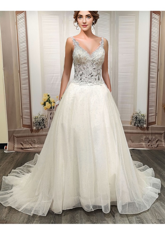 A-Line Chic Glitter Tulle  V-Neck Spaghetti Straps Wedding Dress - LV- A2003