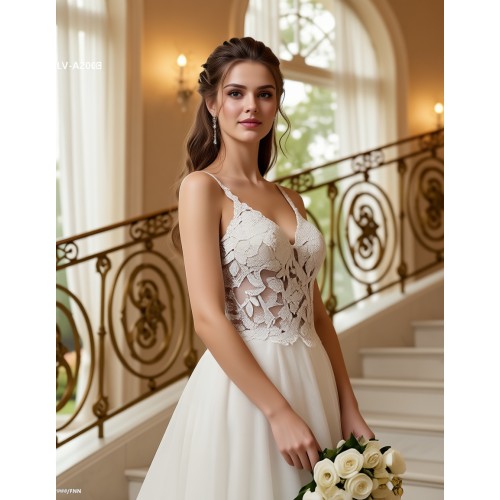 A-Line Chic Glitter Tulle  V-Neck Spaghetti Straps Wedding Dress - LV-A2003