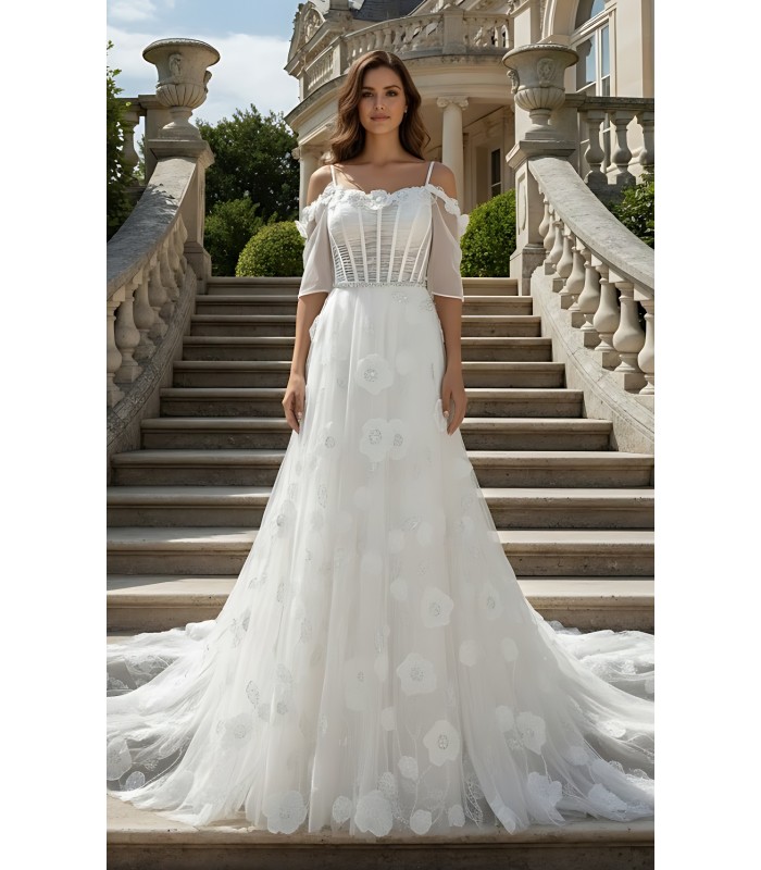 Wedding Dress -Luxury Embroidery Beaded 3-D Floral Laces A-Line- LV-A2007OS